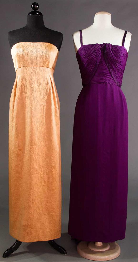 BEENE & STARR EVENING GOWNS: Both labeled: 1 Geoffery Beene, puckered apricot silk charmeuse, long CB slit, silk lining, strapless, boned bra, custom 1992 Bergdorf label, B 34", W 26", CFL 48.5", (some small fabric pulls) excelle