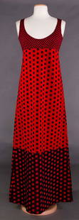 RUDI GERNREICH MAXI DRESS, EARLY 1970s: Empire, woven w/ black & red checks in 3 patterns, scoop neck, label, "Rudi Gernreich for Harmon Knitwear", B 34", H 40", L 58.5", (1 tiny fabric pull on shoulder) excellent.