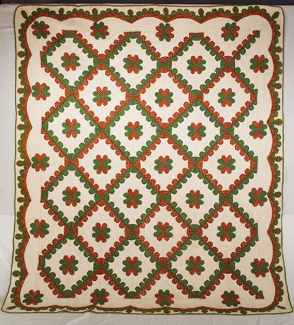 RED & GREEN CALICO APPLIQUE QUILT, 1860-1880 (1 of 5)