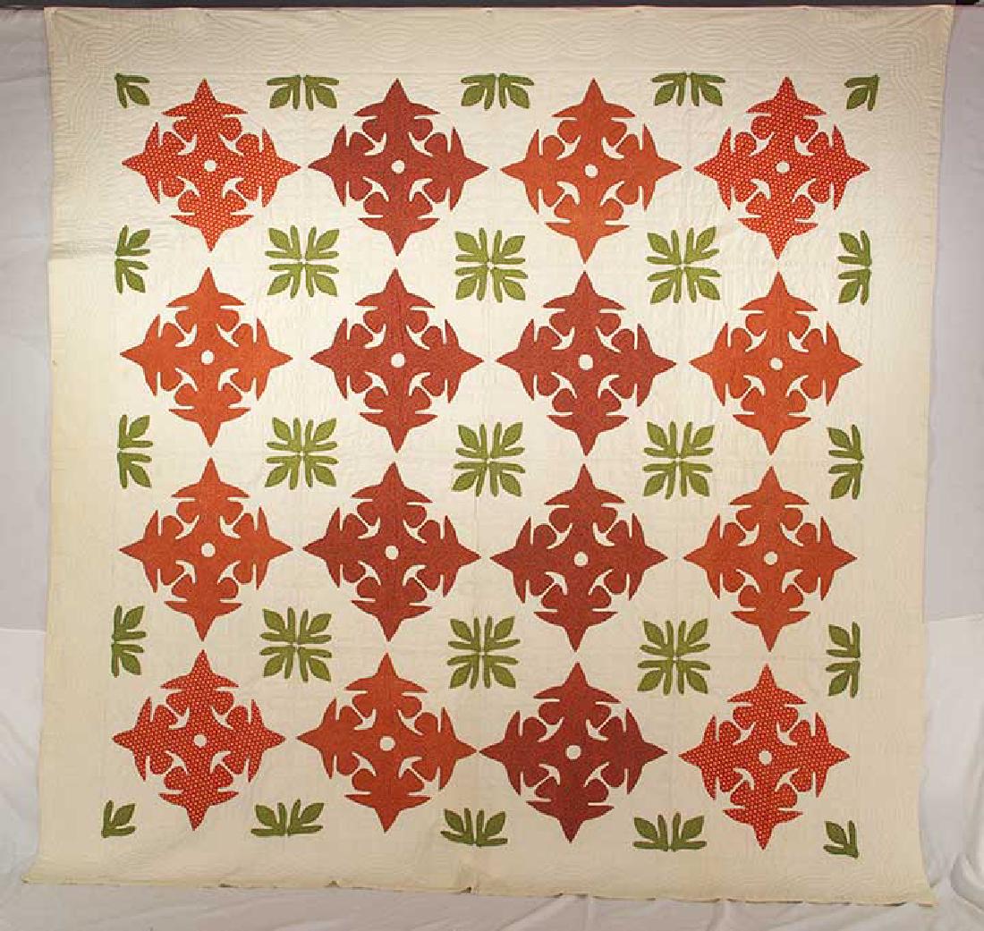 RED & GREEN CALICO APPLIQUE QUILT, 1900-1920 (1 of 7)