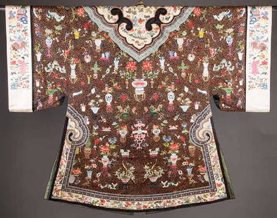 EMBROIDERED & COUCHED CHINESE ROBE, 19TH C: Black silk, bi-laterally symmetrical embroidery of Chinese symbols, ground covered in gold couched scrolls, figural embroidery on white silk cloud collar, edgings & sleeve bands, L 41", (few loose thr