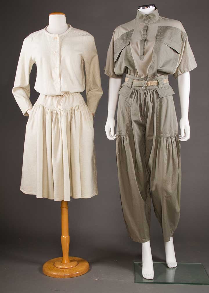 VERSACE & KENZO DAY WEAR, 1980s: 2-piece "Gianni Versace", grey-green cotton jersey shirt w/ khaki pockets & loose fit cotton pants, W 27", Inseam 28", excellent; 1 off white "Kenzo Jap" day dress of woven cotton & viscose, B 36", W