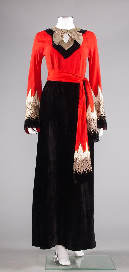 BLACK, CORAL & SILVER EVENING DRESS, c. 1940 (1 of 10)