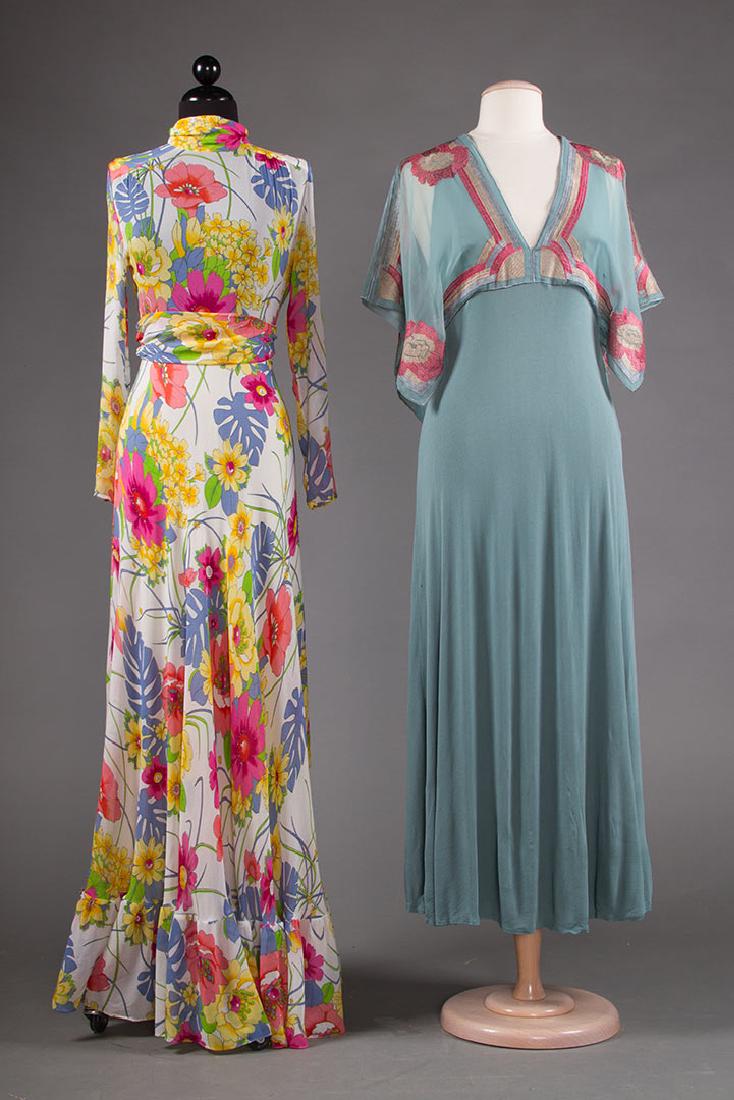 JANICE WAINRIGHT MAXI-DRESS, ENGLAND, 1970s: Dusty blue chiffon bodice w/ embroidered bands in blue, rose & pale green, dusty blue viscose jersey skirt, labeled, B 36", (tiny hole at H, quarter size smudge stain front hem) very good; t/w 1 maxi 