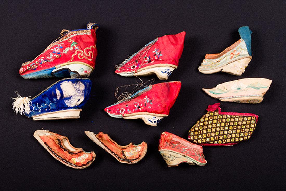 2 PAIR & 6 SINGLE SHOES FOR BOUND FEET, CHINA: All w/ embroidery or needlework: 1 pair red & 1 pair orange; 6 singles: 2 red, 1 navy, 1 pale blue, 1 pink & 1 needlepoint slipper, all as-is.
