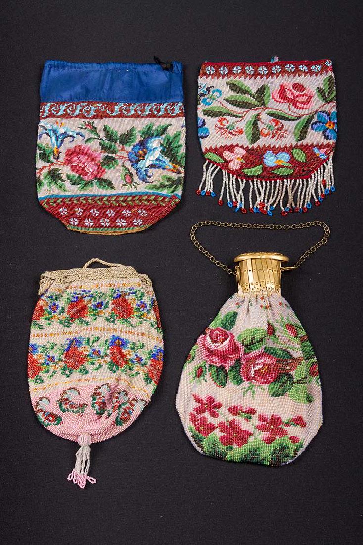 4 FLORAL BEADED BAGS, MID-LATE 19TH C (1 of 6)