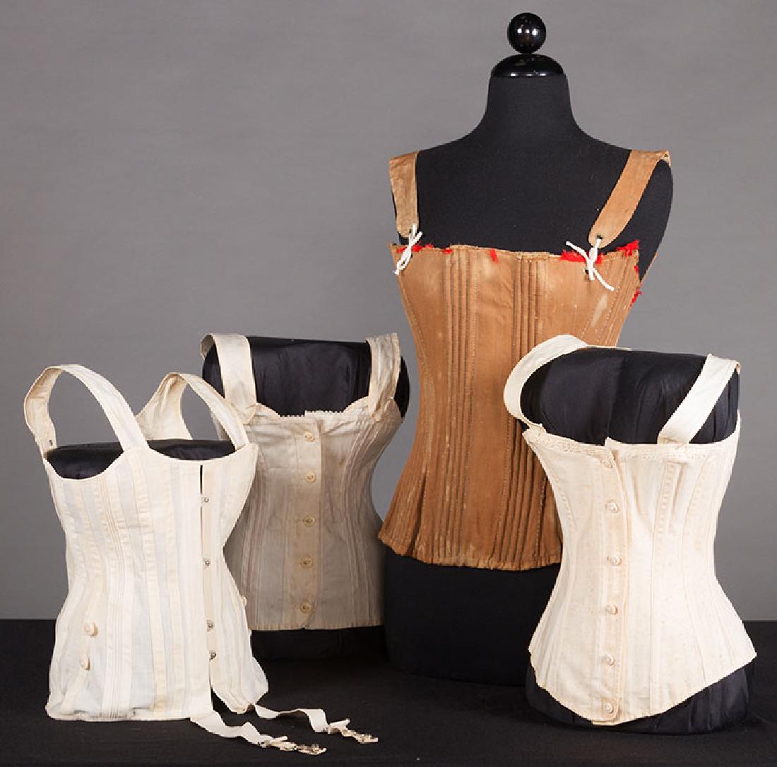 YOUNG LADY STAYS & 3 CORSETS, 19th C.: brown stays & three white corsets, B 34", Underbust 43", W 26.5", minor stains & holes, very good