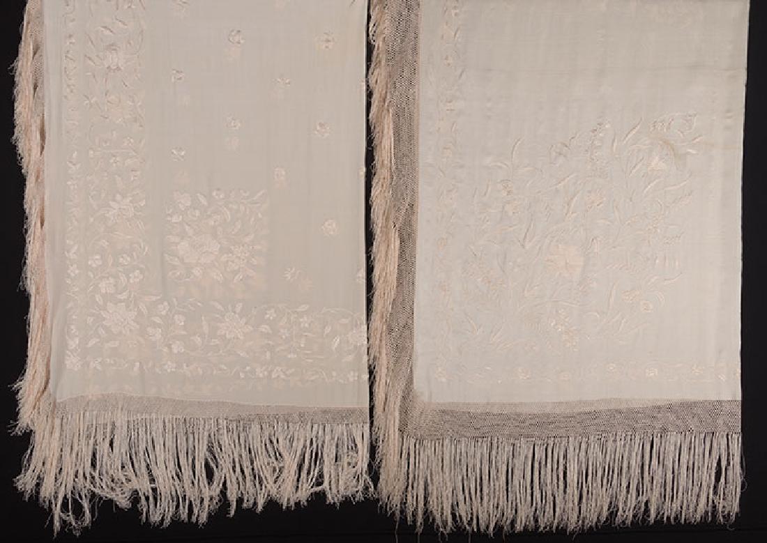 2 WHITE ON WHITE EMBROIDERED SILK SHAWLS, CANTON, c. (1 of 8)