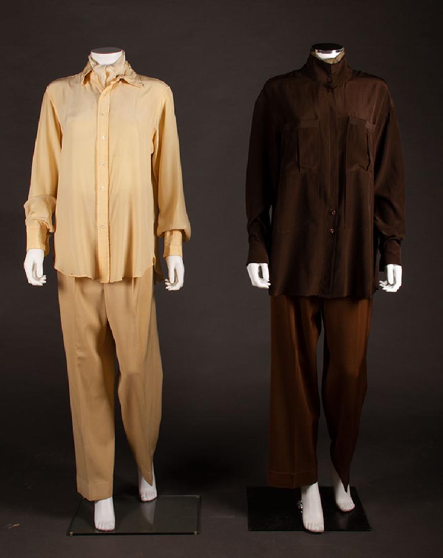 TWO KATHARINE HEPBURN OUTFITS, 1940-1970s: 2 silk shirts, 1 pale gold, B 42", L 28", (stains at right F hem & left bust) very good, & 1 chocolate brown, L 30", excellent; 2 pair wide leg pants: 1 camel, W 29", Ins 29", (mend & hole at seat, st