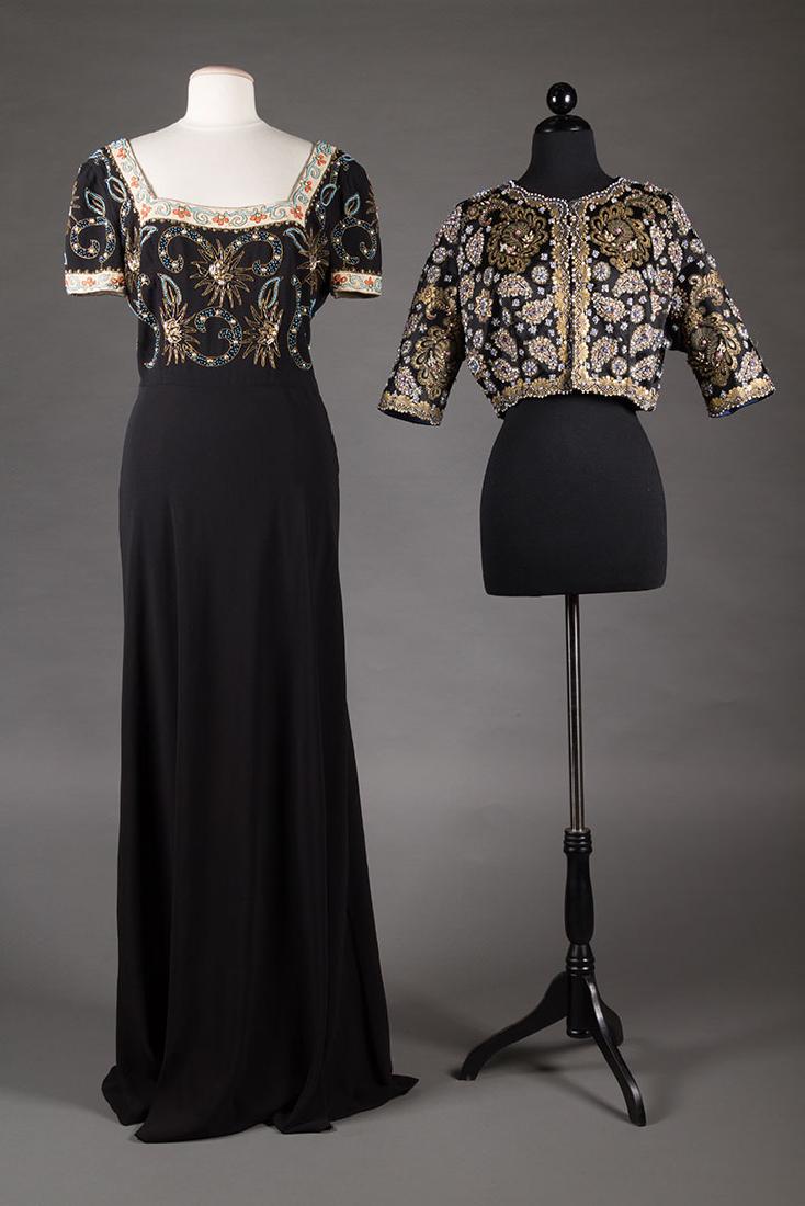 TWO BLACK & GOLD EVENING GARMENTS, 1940s & 1960s (1 of 10)