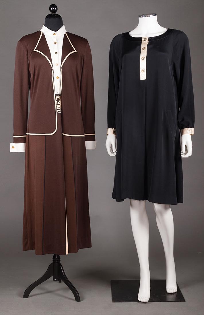 BEENE & DiCAMERINO DAY DRESSES, 1960-1970s: Both labeled & synthetic knit: 1 Geoffrey Beene black w/ white trim & button placket, B 44", L 38", excellent; 1 DiCamerino, Italy, 1 piece brown w/ white trim & trompe l'oeil jacket & sash, B 38", L 