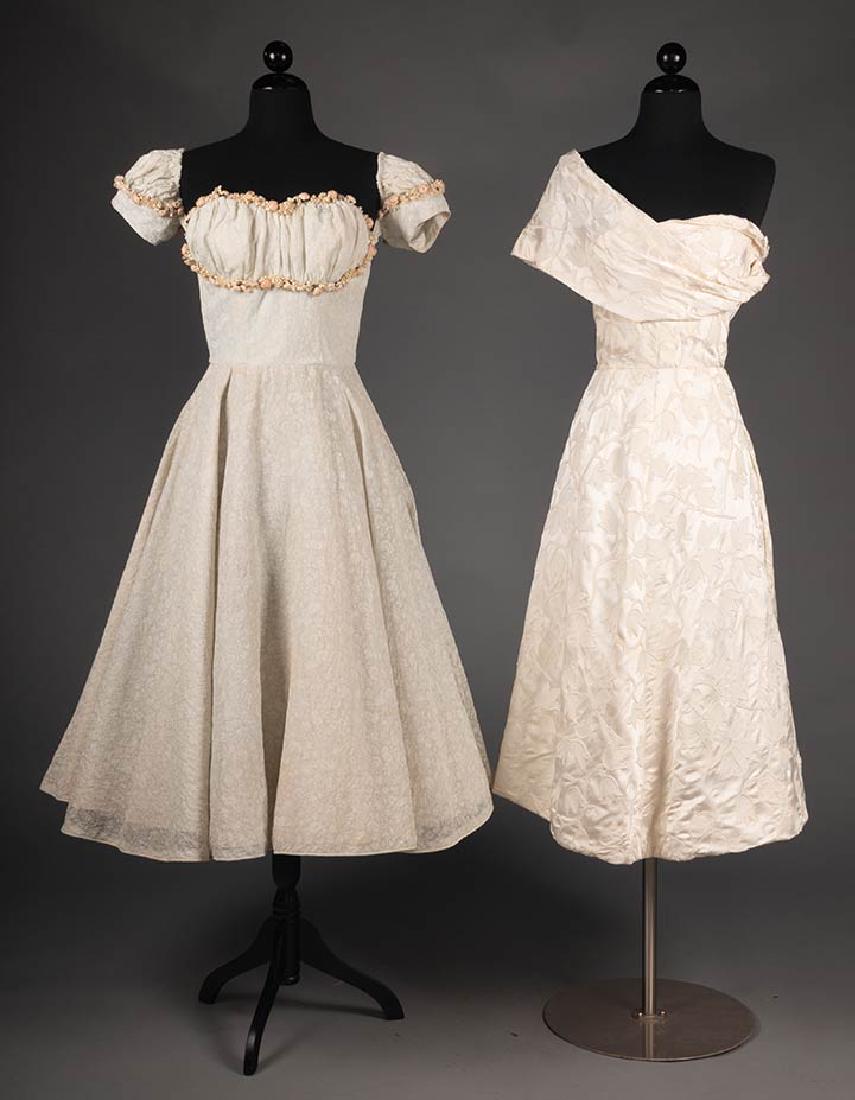 TWO DESIGNERS' WHITE PARTY DRESSES, MID 1950s (1 of 10)