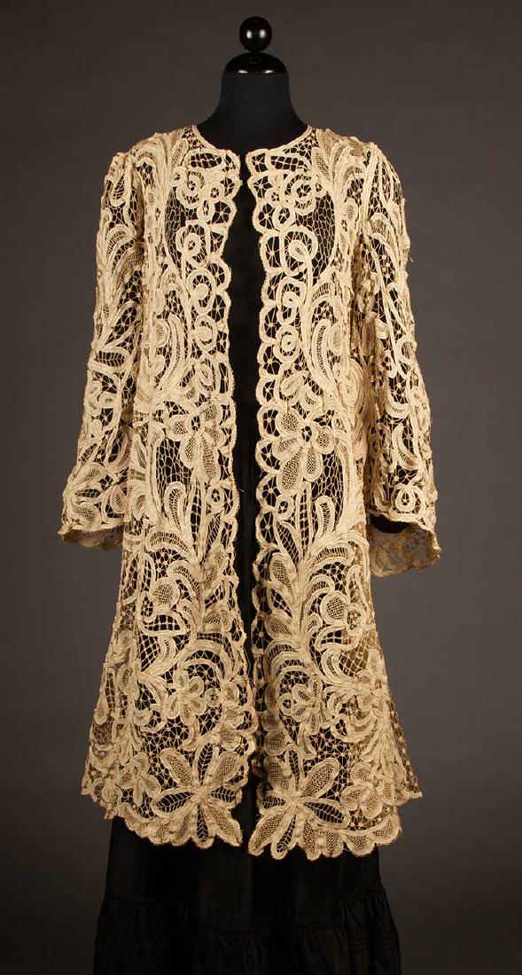 EDWARDIAN BATTENBURG LACE COAT: Art Nouveau lace pattern w/ florals & scolls, bell sleeves, open front, L 43", (2 holes in net, easily repaired) excellent.