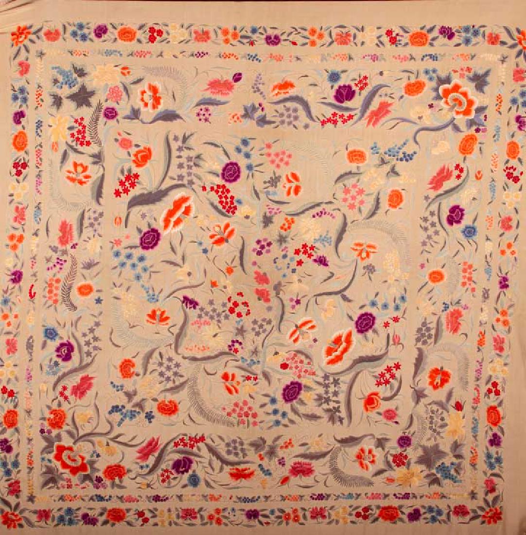ORANGE, BLUE & GREY EMBROIDERED SHAWL, CHINA (1 of 7)