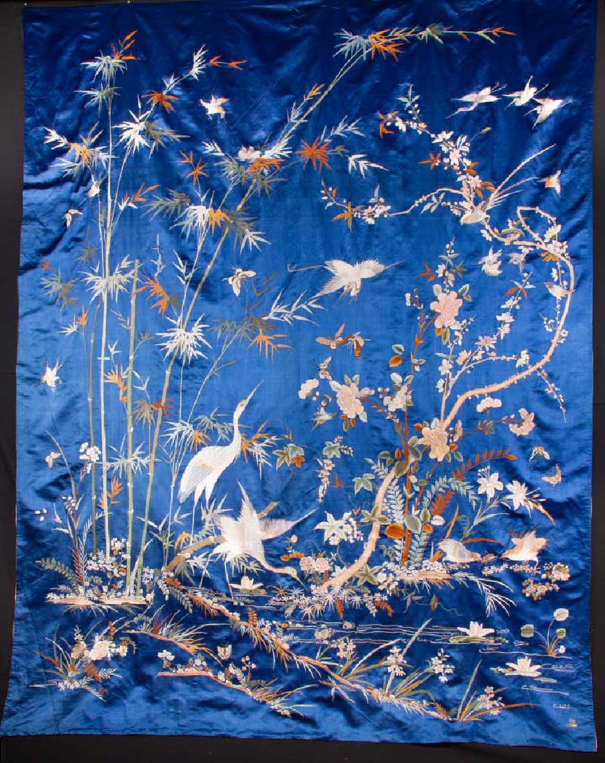 BLUE SILK EMBROIDERED BEDCOVER, CHINA, c. 1900 (1 of 10)