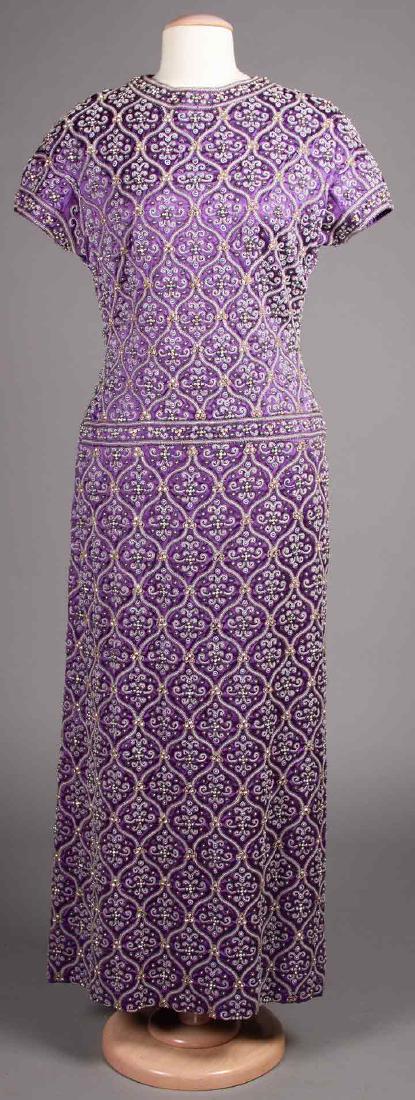 HEAVILY BEADED PURPLE EVENING SHEATH,  SPAIN, 1960's (1 of 10)