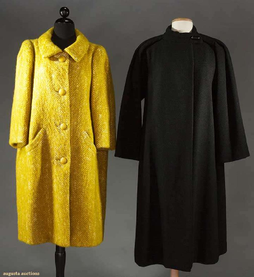 BALENCIAGA COUTURE & TRIGERE DAY COATS, 1950-1960s: Both wool w/ raglan sleeves & labeled: 1 1960s "Balenciaga 10, Avenue George V Paris" & illegible tape, hand woven mohair in goldenrod & cream, peter pan collar, Sh-Sh 15", L 40"; 1 1950s "A Trigere C