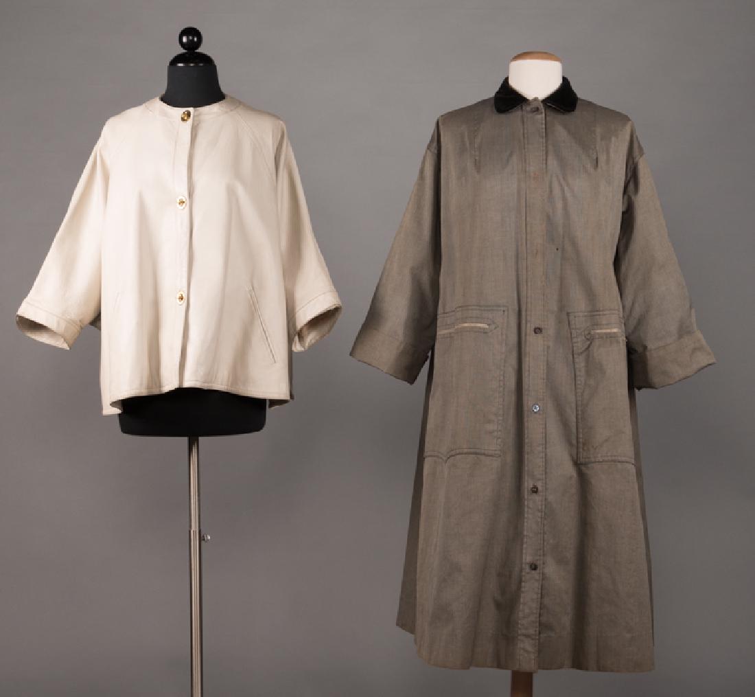 TWO BONNIE CASHIN COATS, 1950s: White leather jacket, labeled "Bonnie Cashin", L 24", (stains/dirty throughout)very good; coated cotton raincoat, labeled "Bonnie Cashin", L 44", (2 buttons missing, small stain in CF, worn at sleeve 