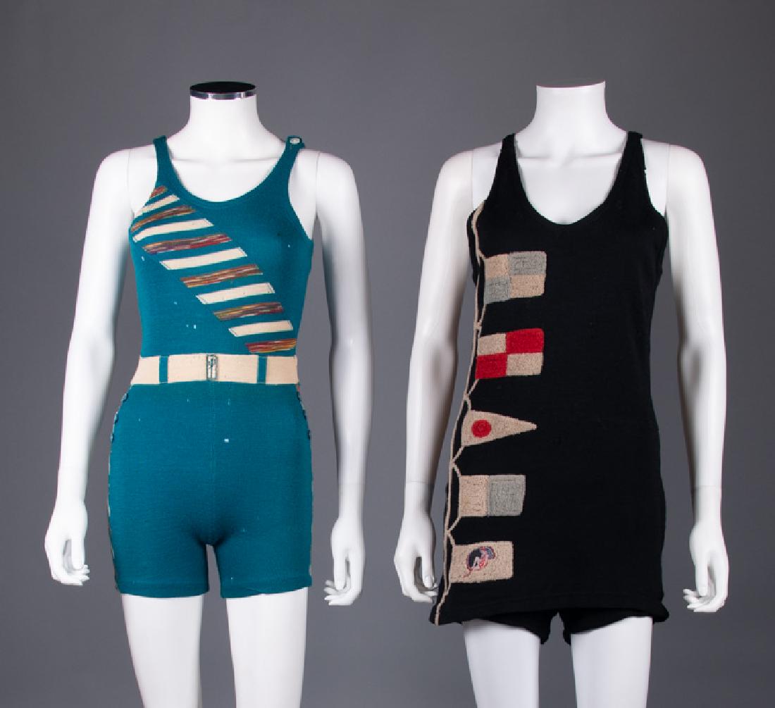 TWO WOOL KNIT SWIMSUITS, ENGLAND, 1920s: 1 teal w/ diagonal striped top & white belt, labeled â€œBronly Knitâ€, B 32â€, H 32â€, L 31â€, (many holes at hips & back) poor; 1 black w/ hooked wool nautical flags, labeled â€œW