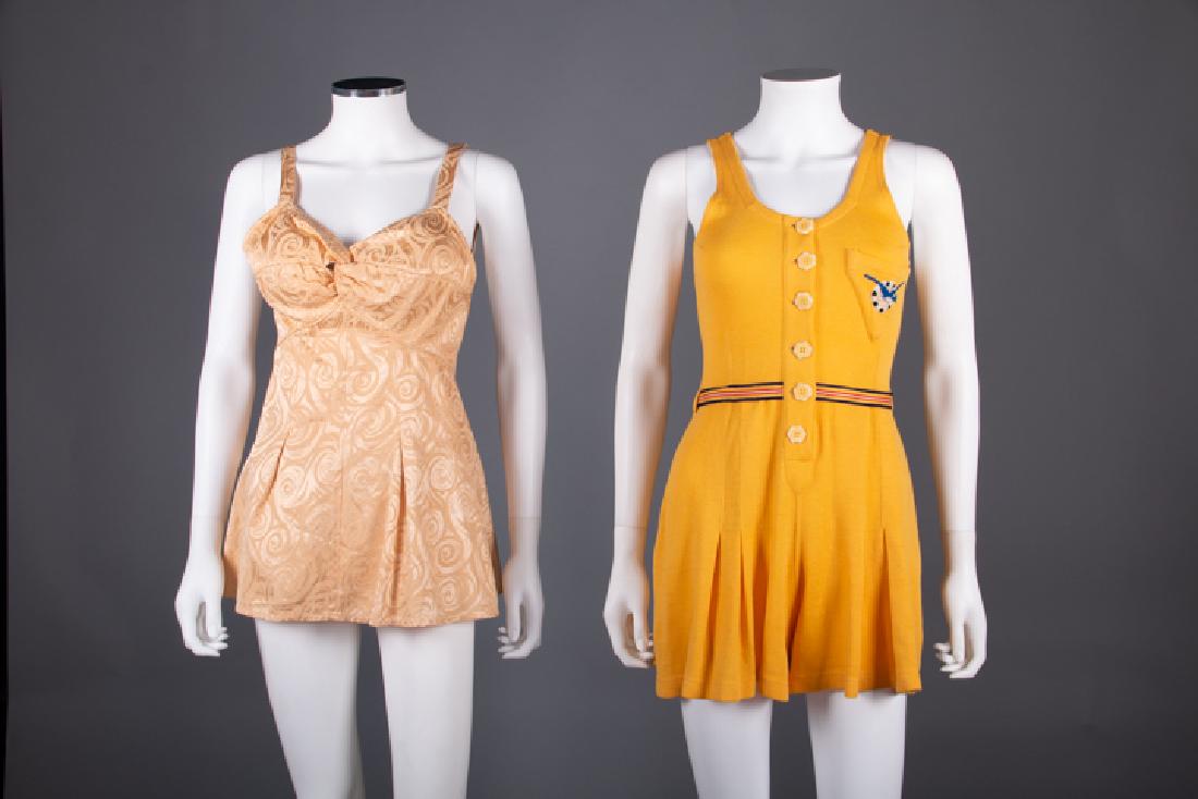 TWO LADIES SPORTSWEAR GARMENTS, 1930s: 1 peach Rayon 2-pc swimsuit, B 34â€, W 26â€, (spot on left strap) excellent; 1 2-pc goldenrod playsuit w/ bluebird applique & striped belt, B 36â€, W 28â€, (many holes to shorts) fair;t/w 