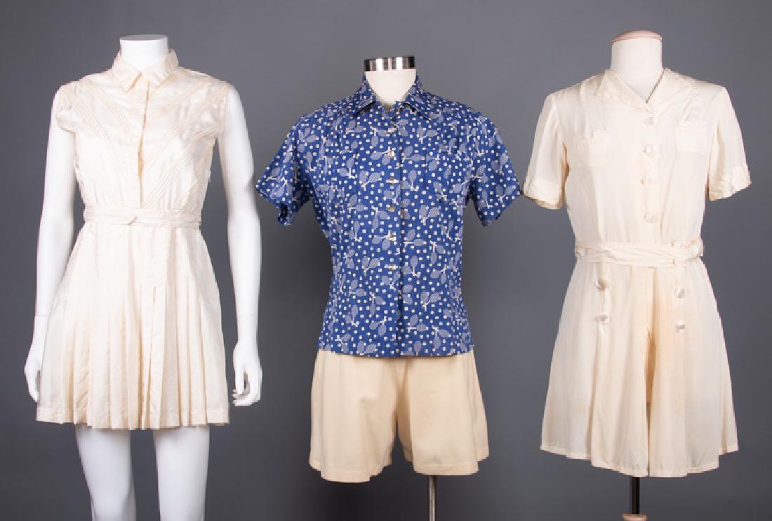 THREE LADIES TENNIS OUTFITS, 1930-1940s: 1 sleeveless silk w/ pin tucks, B 34", W 26", L 32", (0.5" light stain in seat, tiny stains B) very good; 1 printed "Tom Boy" shirt, B 40", L 24", (white spot in left sleeve, neck frayed) very good; 1