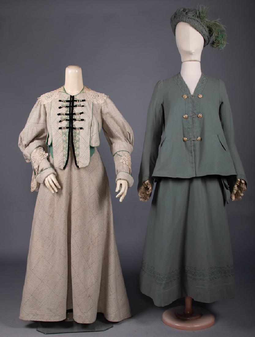 TWO WOOL DAY DRESSES, 1905-1915: 1 beige woven w/ light black grid, short bodice w/ black velvet & lace trim, B 38", W 25", Skt L 38-45", (light stains & pulls throughout) very good; 1 slate blue felt jacket, skirt & feathered tam, i