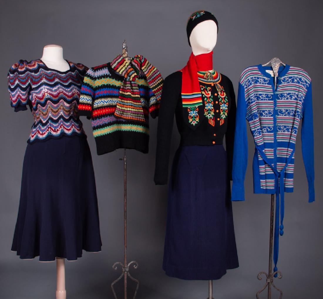 SEVEN LADIES WOOL WINTER GARMENTS, 1930s: 2 multi color striped sweaters: 1 scalloped, B 36", W 28", (holes in B, collar & hem) & 1 patterned stripes, B 32", L 18", (hole at B); 1 45" scarf; 1 embroidered black cardigan, B 34" w/ matching hat