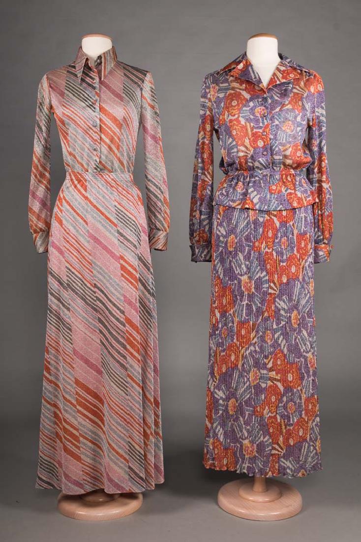 TWO MISSONI 2-PIECE MAXI DRESSES, 1970s: Both printed Lurex & labeled "Missoni": 1 w/ diagonal stripes in pale tones, B 34", W up to 30", Skirt L 41", IT size 42, (0.75"stain in left front skirt, lining stained) very good & 1 w/ rust & purpl