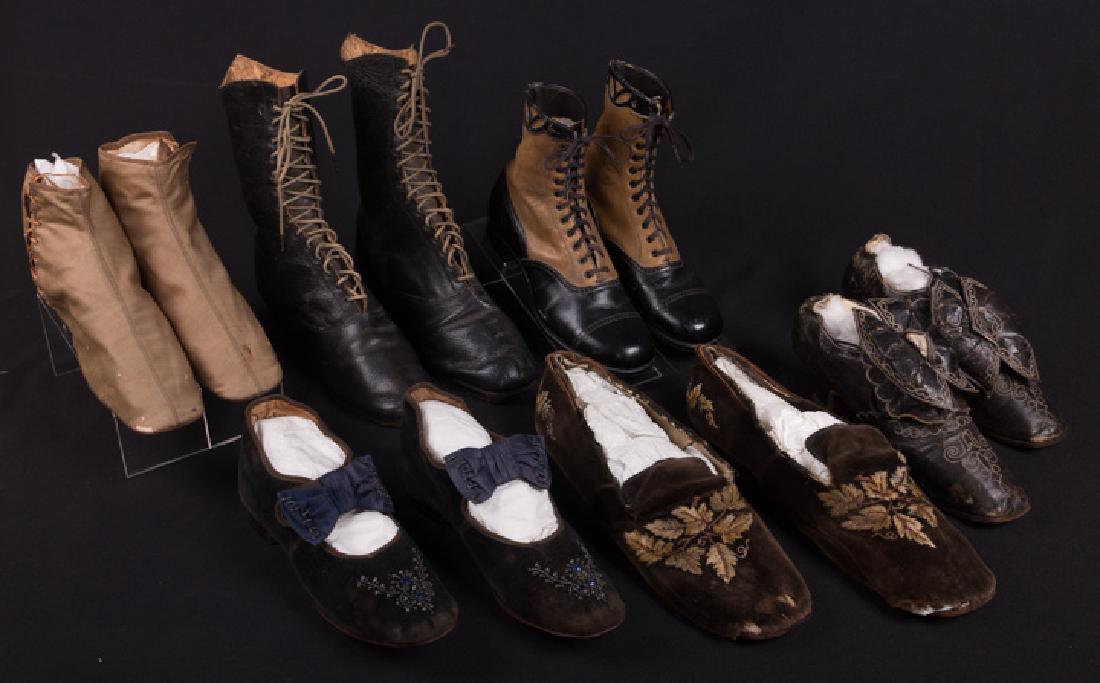 SIX PAIR BOOTS & SHOES, 19th C: 1 pair c. 1840 cotton side lace ankle boots, (fabric worn at toes); 3 pair leather: 1 pair c. 1870 high lace black boots, (minor scuffs) excellent; 1 pair c. 1900 2-tone childs high lace boots, top w/