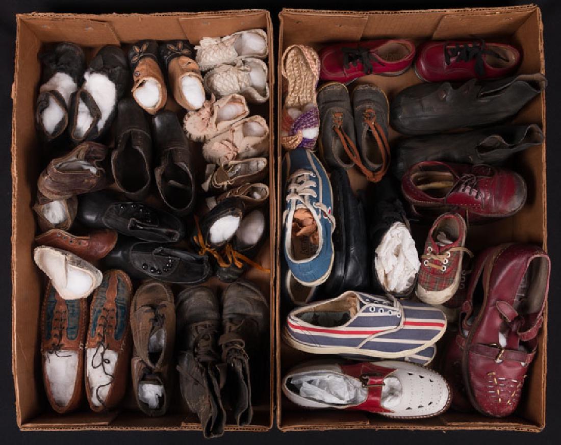 TWO DOZEN PAIR OF CHILDRENS SHOES & SNEAKERS, 19th: Large lot of baby & children's shoes, boots & sneakers, including hi-button, oxfords, Mary Jane's, saddle shoes, sneakers, poor-excellent.