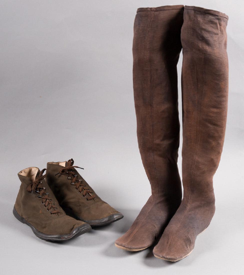 OVERKNEE BATHING SHOES, & RELIANCE SNEAKERS, 1900-1932s: 1 pair over-the-knee w/ canvas soles and attached cotton knit high stockings, L 10.5", W 3", Stocking H 26.5", (faded, several holes), fair; 1 pair ankle high, front laced sneakers, dark brown, rubber