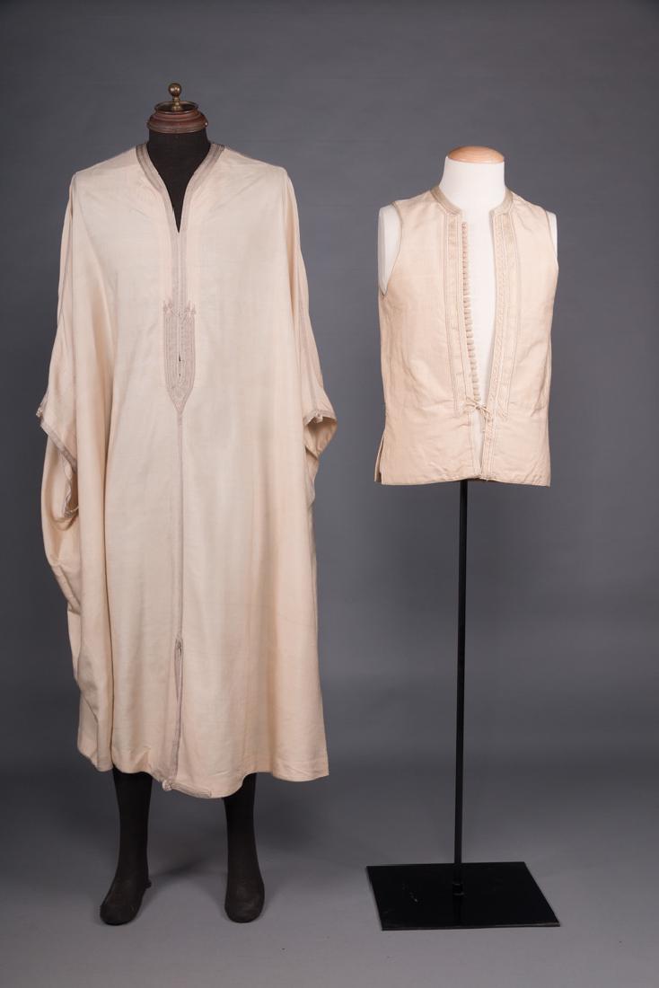 EMBROIDERED CAFTAN & VEST, NORTH AFRICA: Both white raw silk: 1 caftan embroidered in beige silk, L 50", (tiny pin stains, CF 9" from neck to CH sewn shut) & 1 vest w/ embroidered details & CF tie closure & crochet buttons, blue trim bands &