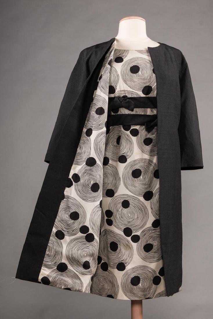 GUY LAROCHE & PUCCI GARMENTS, 1960s: White silk dress w/ black disk print, black coat w/ matching lining to dress, labeled "Model Guy Laroche- Maria Carine", B 36", W 28", L 39", (coat tiny hole at W, dress w/ moth snacks & many stains)