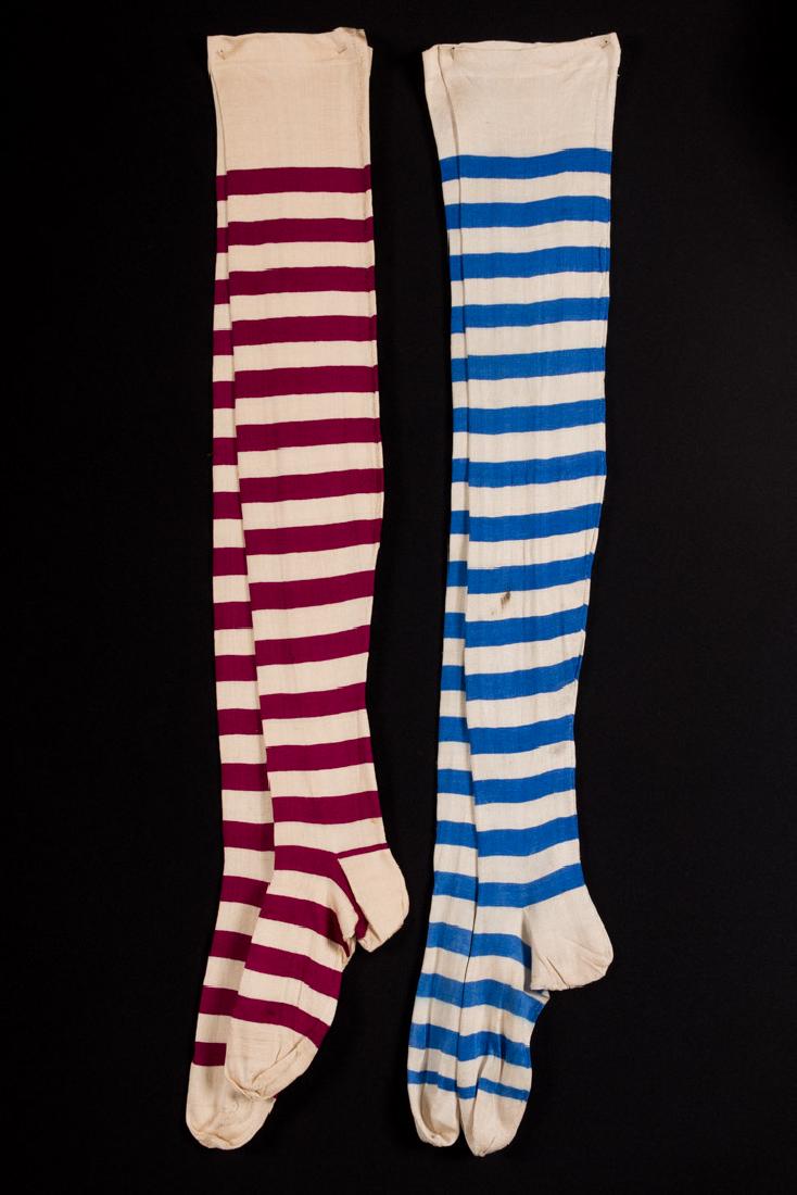 EIGHT PAIR LADIES STOCKINGS & 2 PAIR GLOVES, 1850-1900: 8 pair of stockings: 3 pair cotton w/ lace, 2 pair silk w/ lace, 3 pair striped cotton, (several w/ holes) fair- very good; 2 pair deadstock gloves, excellent; t/w 1 single silk glove.
