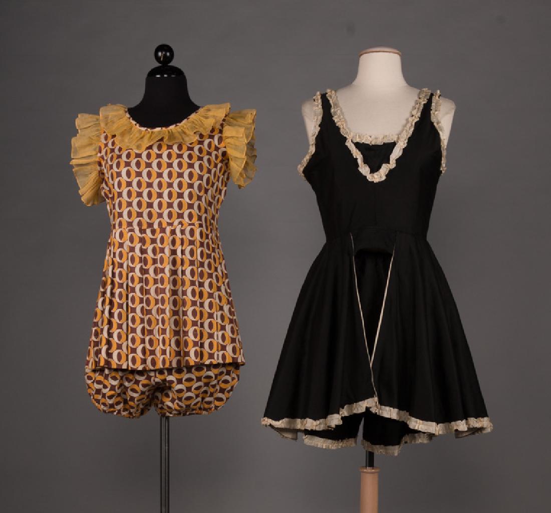 TWO ROMPERS, 1920s-1930s: 2 2pc: 1 1930s baby doll top & bloomers in curry brown & white circle print w/ organdy ruffles, B 34", H 38", (stretched W elastic, tiny stains in upper back); 1 1920s black w/ white lace trim, B 36",