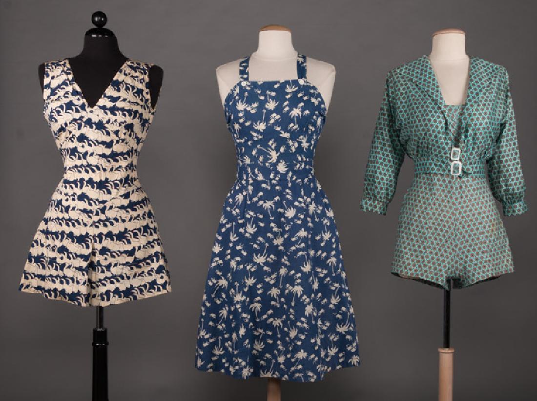 THREE LADIES 2-PC BLUE PLAYSUITS, 1948-1960: All printed cotton: 1-pc navy w/ white geese & matching head scarf, B 36", W 27", (poorly stitched at SH & hem); 1 w/ white coconut tree print & matching overskirt, B 36", W 27", (mending in back open