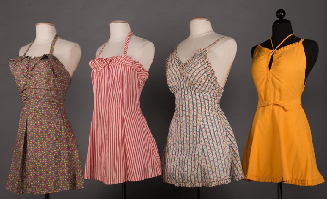 FOUR LADIES PLAYSUITS, 1939 - 1945: 3 cotton: 1 1942 w/ heart print on brown, B 36", W 30", (back seam enlarged?); 1 1941 red stripe cotton, B 34", H 36", (light stains on W, back neck & 1 strap); 1 1939 white w/ blue stripe & pink flor