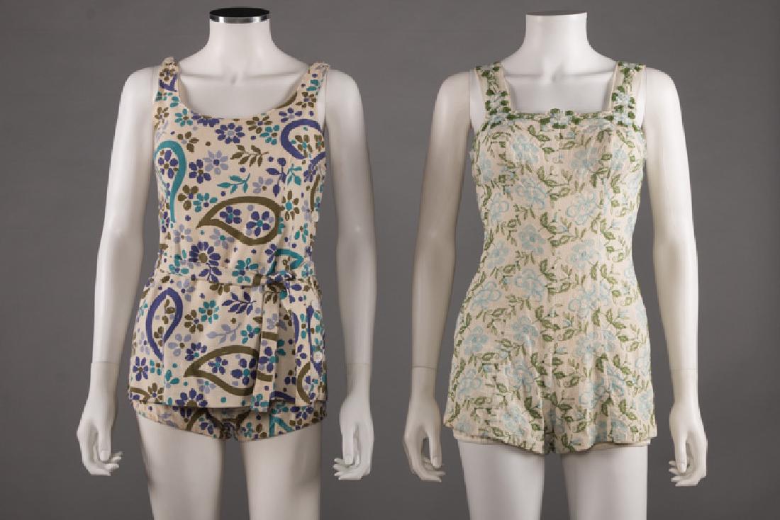 TWO DESIGNER COTTON SWIM SUIT SETS, AMERICA, LATE 1950s: 1 1958 2-pc paisley print suit & terry cloth lined cotton vest in same color way w/ 2 zip pockets & matching tote, label "Bill Atkinson", B 34", L 25", Bottom Low W 30", H 40", (dirty neck, back hem s