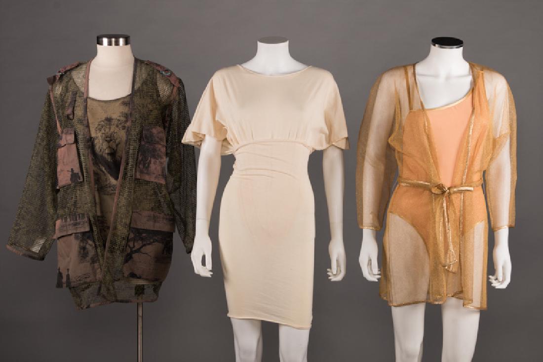 THREE DESIGNER SWIM SUIT SETS, 1980s: 2 w/ mesh jackets: 1 black tiger print on brown suit, jacket w/ hunters printed on 4 pockets, label "Gottex", B 38", W 32", H 40", (corroded d-rings) & 1 peach suit & metallic mesh jacket both w/ lame