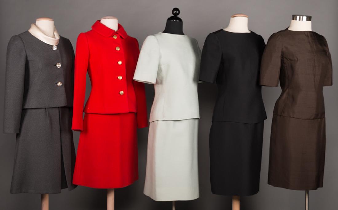 FIVE LADIES DAY GARMENTS, 1960s-70s: 2 wool skirt suits: 1 charcoal w/ jeweled buttons & inverted pleat skirt, B 32", W 24" & 1 red wool w/ gold buttons, B 34", W 24", H 36", both excellent; 3 silk 2-pc same pattern dresses w/ pockets in