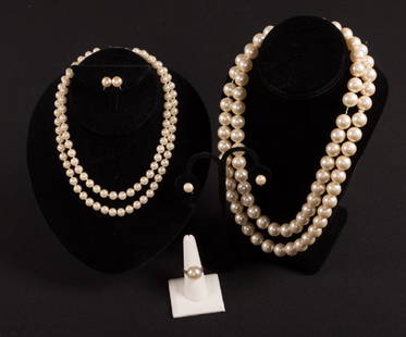 GROUP OF KATHARINE HEPBURN COSTUME JEWELRY: 1 multi strand chain & bead necklace & "Bill Smith of Rochelieu" Maltese cross jeweled brooch, both worn on stage in "Coco", (pin removed from cross); 2 2-strand pearl necklaces; 3 pair pearl ear clip