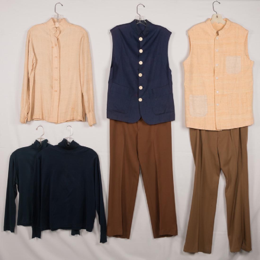 SEVEN KATHARINE HEPBURN WORN SEPARATES, 1970s: 2 pair brown pants: W 35".5 & 35", Ins 29" & 31"; 1 navy linen vest w/ white buttons, W 40", L 27", (brown copy of vest worn in "Guess Who's Coming to Dinner", 1976); 1 ecru linen vest w/ 3 patch pock