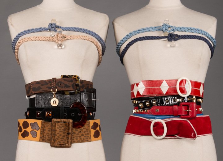 THIRTEEN YSL & MISSONI BELTS, 1970-1980s: All leather: 7 marked "Yves Saint Laurent" & 2 marked "Saint Laurent Rive Gauche", 28"-36", all very good-excellent; 4 c. 1975 "Missoni" cord belts w/ Lucite toggles, 32-35", fair- excellent. Museum a