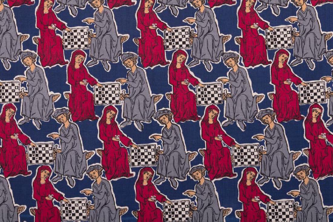 D.D. & LESLIE TILLET DESIGNED PRINT, MID 20TH C: 2 pcs red & grey print of Renaissance couple playing chess, designed by D.D. & Leslie Tillet, selvage printed "A wisp o' wool fabric designed by… Tillett for Hanora Fabrics", WD 34", L 34.5" & 59.5"