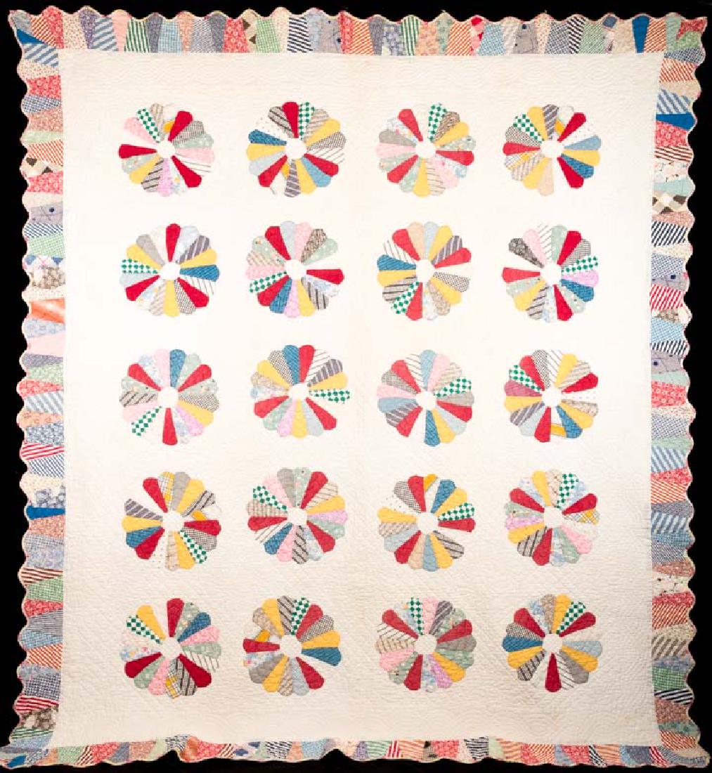 PIECED & APPLIQUED QUILT, OHIO, 1934: Colorful appliques in friendship ring design & border on white cotton, quilted w/ rope floral & floral rings, embroidered in white "Ralph, Adam, Lawrence, Amanda, Ohio, 1934", 72" x 83", (some fabric 