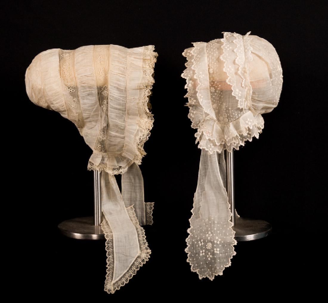 LADIES WHITE CAPS & COLLARS, 1745-1850: 2 capelet: widest c. 1845-50 HT 13", Neck 17", (some holes in net up to 0.5"); 1 w/ raised floral applique 1850s, HT 12", Neck 14.5", (some holes in net, 0.25" stain at right shoulder); 1 w/ no collar