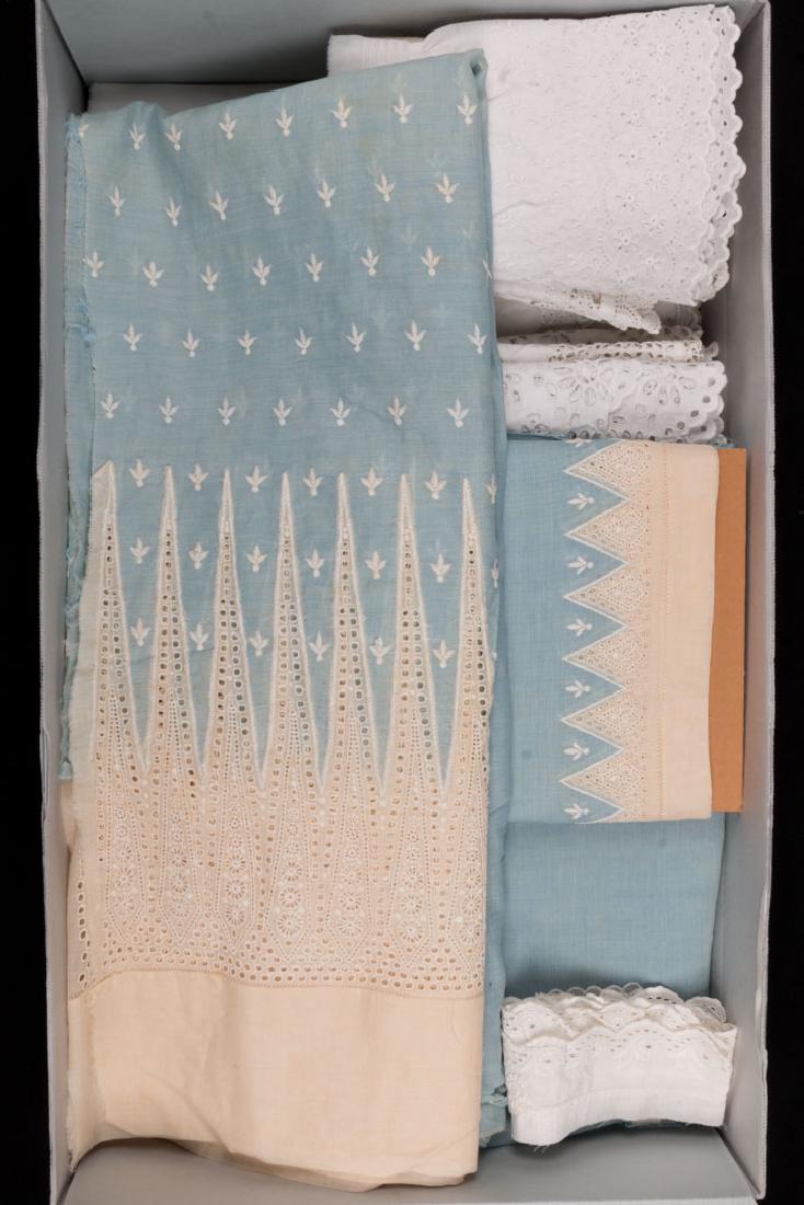 DEADSTOCK EDWARDIAN DAY DRESS YARDAGE: Blue cotton chambray, 46" x 10 yrds; blue cotton chambray w/ eyelet 54" x 5 yds; blue & eyelet trim 6.25" x 4.5 yds, excellent; t/w various pieces white cotton trim.