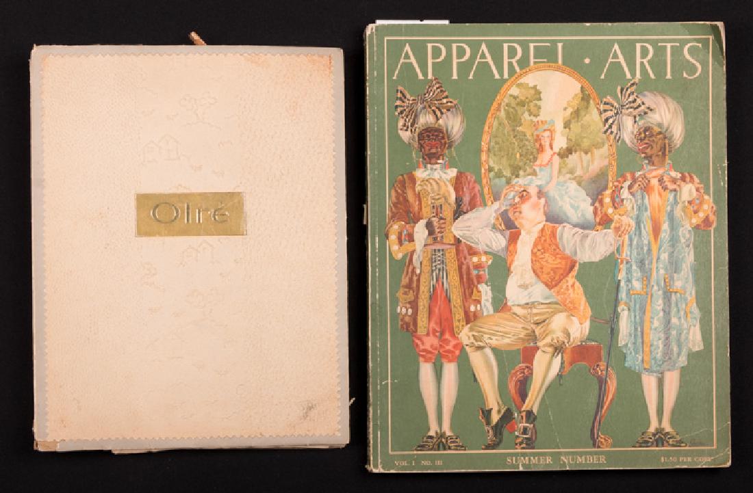FASHION DESIGNER SWATCH BOOK & FASHION MAGAZINE, 1930s: 1 "Olre Fabric Co." swatch book, Spring 1937 w/ designs for J Heim, Nina Ricci, Molyneux & Paquin, (some writing on inside, all swatches are there) & 1 "Apparel Arts" Vol 1, No III, Summer 1932, (spin