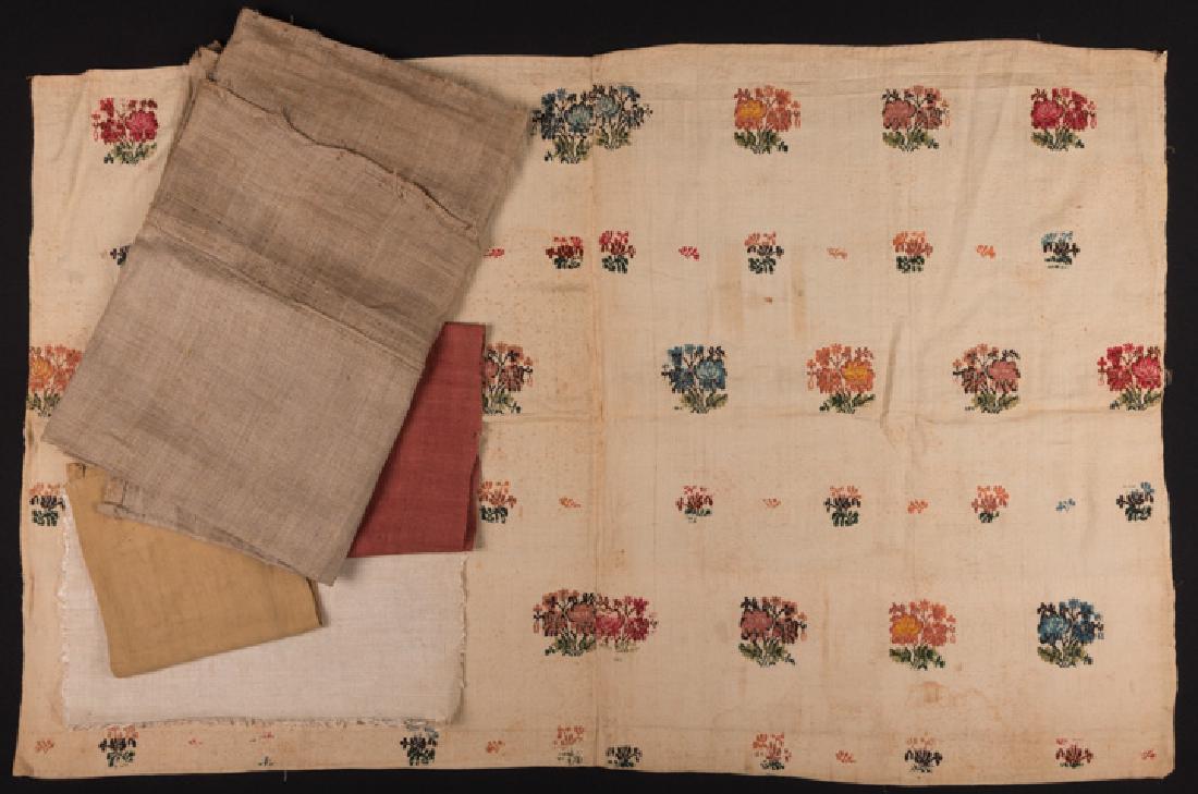 EMBROIDERED & WOVEN LINEN FABRIC FRAGMENTS, 16TH-18TH C: Including 1 piece 1760-80 French wool brocade on linen ground, featured on page 26 of "An Elegant Art", LACMA; 1 16th C red vestment lining fragment; 1 17th C brown linen, 33" x 95"; 1 18th C red Gree
