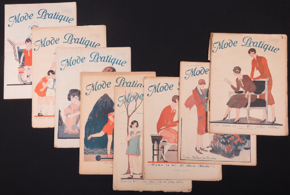 EIGHT "MODE PRATIQUE" FASHION MAGAZINES, FRANCE, 1926: 8 issues French fashion magazine "Mode Pratique", Jan- July 1926, (some tears, foxing, flocking) fair-very good.